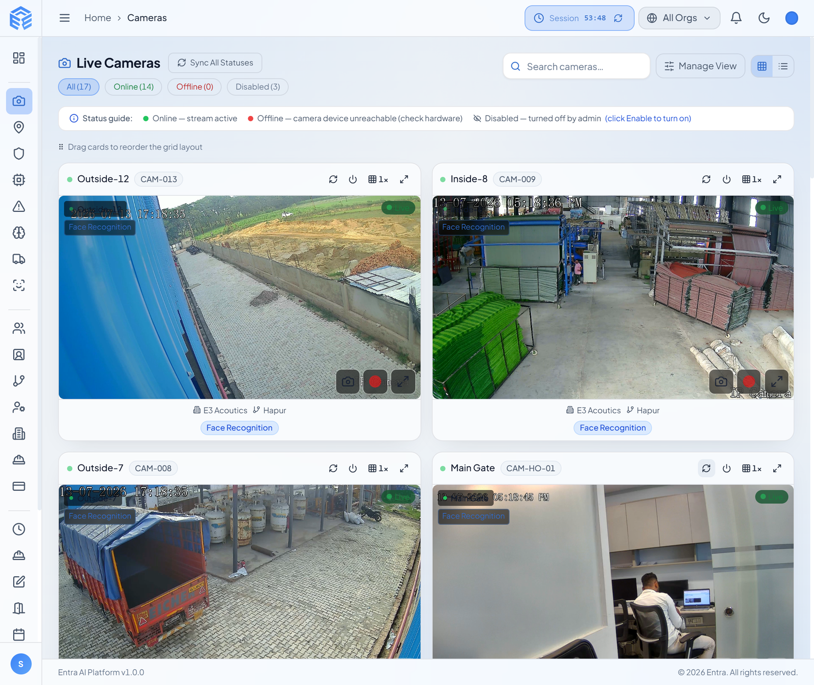 Live camera grid with face recognition, per-site status
