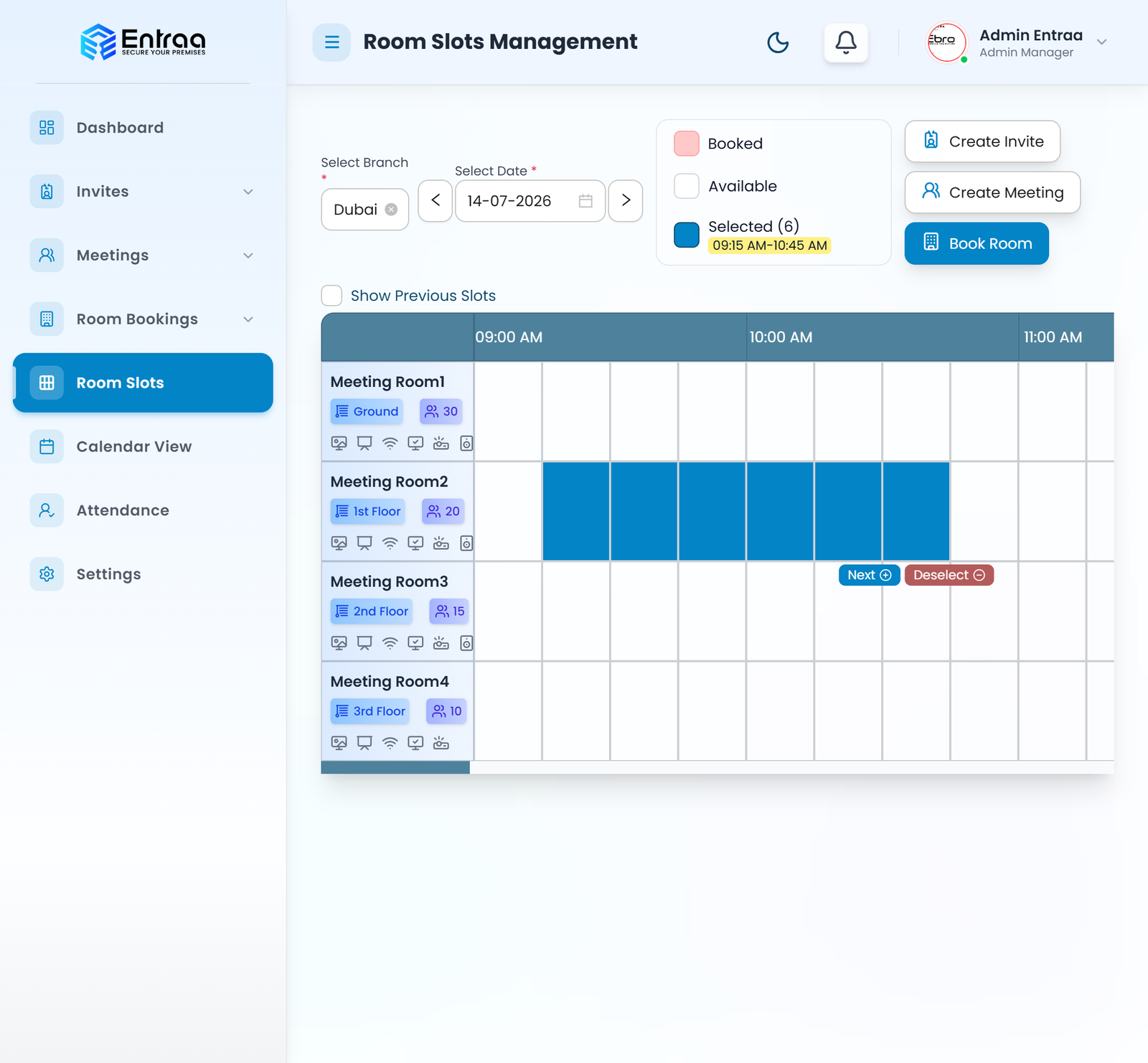 Room slots management — book meeting rooms tied to visitor invites