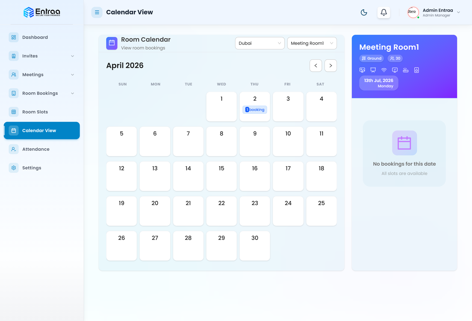 Room calendar — see bookings across every meeting room